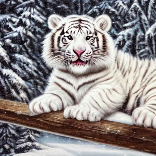 Image similar to cute fluffy baby white tiger sitting in snowy winter landscape detailed painting 4 k