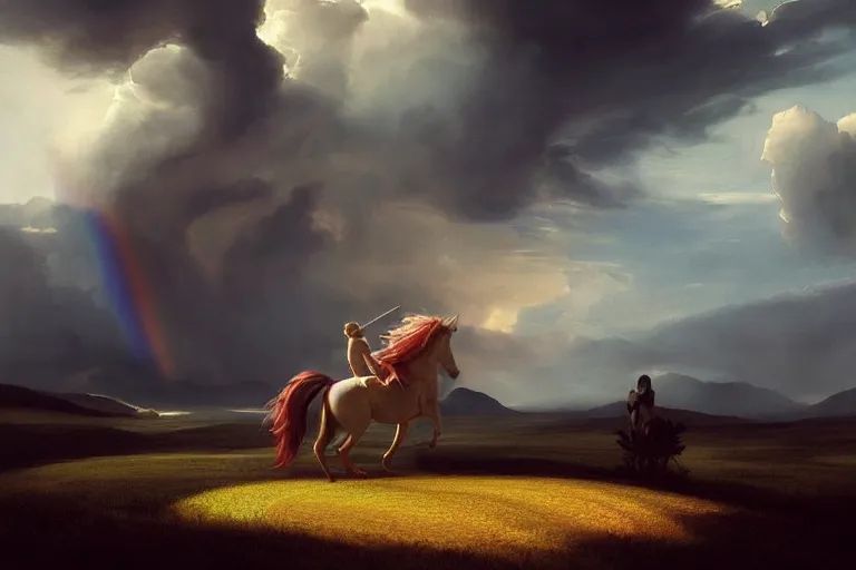 Image similar to a unicorn in the style of Caravaggio, walking across a rainbow. Beautiful clouds, highly detailed. Greg Rutkowski, digital art. Trending on artstation. Dramatic composition and beautiful light.