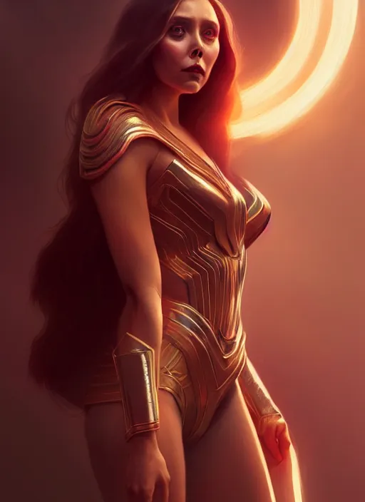 Image similar to portrait of modern darna, elizabeth olsen, intricate, elegant, glowing lights, highly detailed, digital painting, artstation, glamor pose, concept art, smooth, sharp focus, illustration, art by wlop, mars ravelo and greg rutkowski