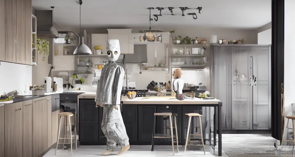 Prompt: humanoid robot, IKEA Catalogue photo in a high end farmhouse style kitchen
