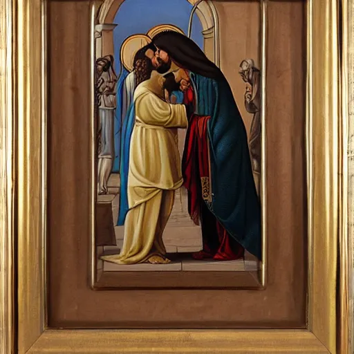 Image similar to 1 8 th oil panting of a jesus kissing a woman