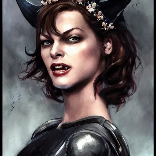 Prompt: batman as an attractive young smiling woman played by milla jovovich wearing a mushroom crown and heavy armoured wedding dress, face portrait, hd shot, digital portrait, elegant, beautiful, fantasy art, artstation, comic style, by artgerm, guy denning, jakub rozalski, magali villeneuve and charlie bowater