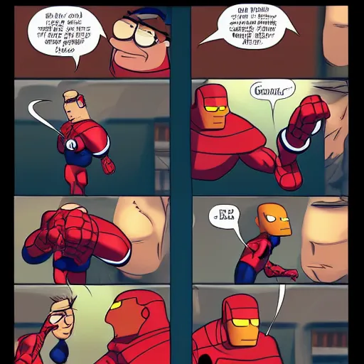 Prompt: Peter Griffin punching Iron Man by yuumei