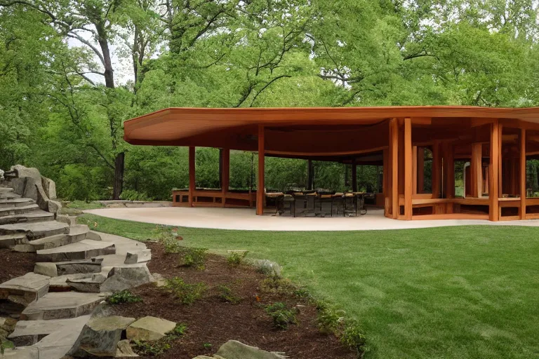 Prompt: patio and entertainment pavilion by / frank loyd wright /, stone and wood