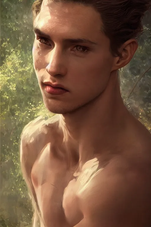 Prompt: stunningly beautiful, male prima ballerina in jungle, symmetrical face, golden hour, smooth, focus, highly detailed, hyper realistic, dramatic lighting, elegant, intricate, concept art, art by wlop, mars ravelo, greg rutowski, artstation