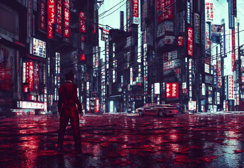 Prompt: tokyo city streets in blood, by cyberpunk style, max payne standing in blood, trending on artstation, cinematic, realistic buildings windows cars, realistic peoples, extreamly detailed, golden ratio, awesome greate composition, color balance harmony, physical correct light shadows, awesome exposition, like in real life, octane render 8 k, art by cd projekt red