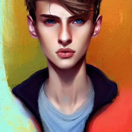 Prompt: colorful Captivating teenage boy with brown blond short quiff hair and thin slightly round facial structure with cleft chin, bumpy nose, good definition of cheekbones, Alert brown eyes, narrow face, slim body, atmospheric lighting, painted, intricate, 4k, highly detailed by Charlie Bowater