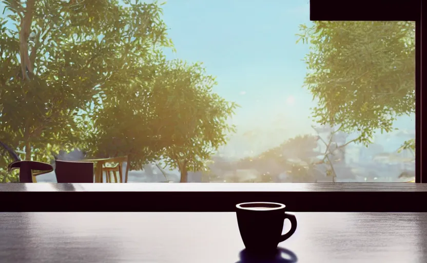 Image similar to a cup of coffee on a cafe table near a window with view to the sunrise, concept art, octane render, unreal engine 5, trending on artstation, high quality, highly detailed, path traced, high coherence, hyperrealistic, godrays, serene scene, soft lighting, macro photo