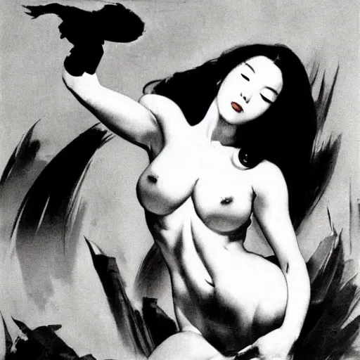 Prompt: Lee Jin-Eun by Frank Frazetta, rule of thirds, seductive look, beautiful,