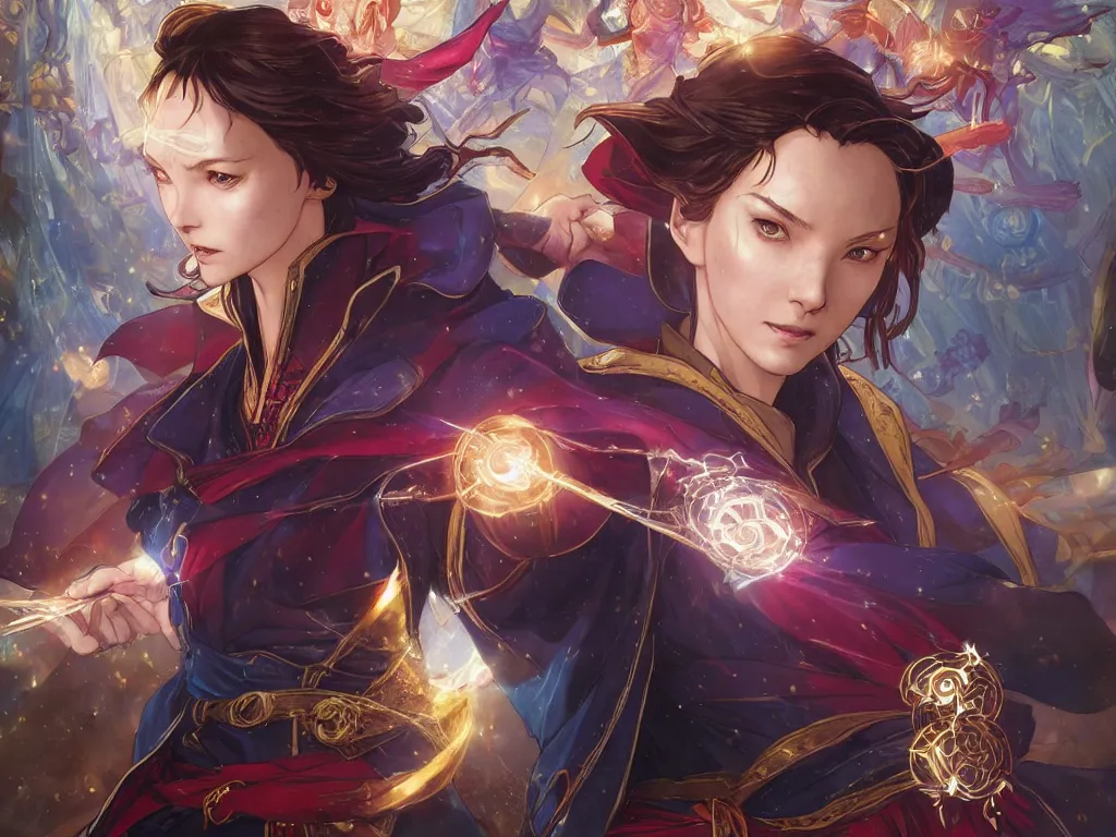 Image similar to anime key visual of a beautiful female doctor strange, marvel comics, spells, magic, intricate, magical village, stunning, highly detailed, digital painting, artstation, smooth, hard focus, illustration, art by artgerm and greg rutkowski and alphonse mucha