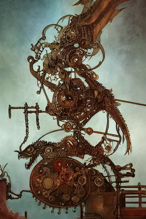 Prompt: illustration, old sick gold and crimsoned scaled asian style dragon on a steam punk plank of machinery with wires and gears and steam punk apparatus, matte painting, style of studio ghibli, concept art, featured in artstation and artgerm and pixiv, award winning, cinematic, 8 k