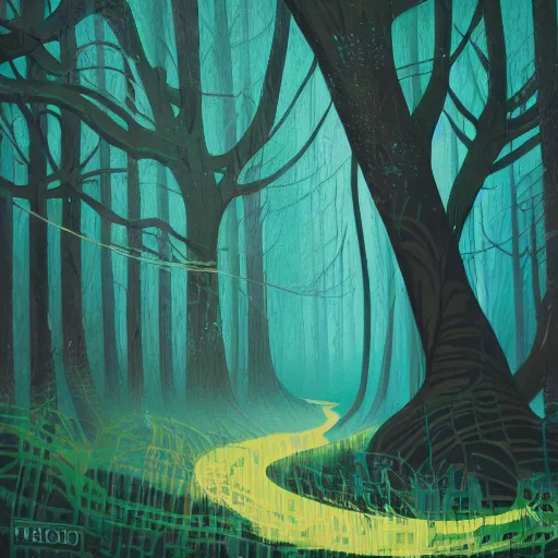 Prompt: An amazing forest, flowing leaves by Petros Afshar, acrylic paint