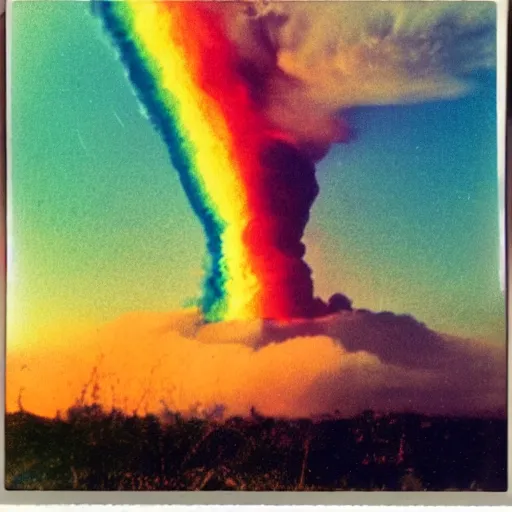 Prompt: polaroid photo of colorful rainbow over the nuclear explosion