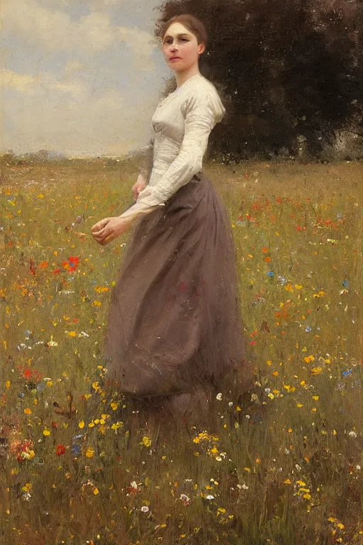 Prompt: Richard Schmid and Jeremy Lipking full length portrait painting of a young beautiful edwardian girl walking through a field of flowers