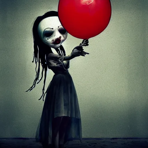 Image similar to grunge painting of a billie eilish with a wide smile and a red balloon by michal karcz, loony toons style, pennywise style, corpse bride style, rick and morty style, creepy lighting, horror theme, detailed, elegant, intricate, conceptual, volumetric light