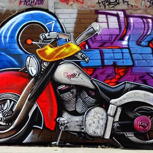 Image similar to a graffiti art of a dog ryiding an harley davidson in streets of los angeles, hd, 8 k, hyper realistic, hyper detailed,