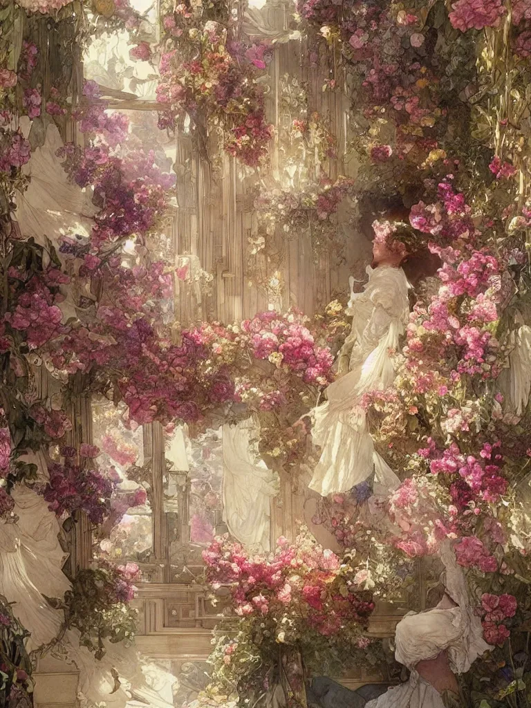 Image similar to a beautifull intricate watercolour painting of a victorian room with many flowers, reflexions, verry high details by william turner art, greg rutkowski and alphonse mucha, trending on artstation, very very detailed, masterpiece, wide lens, dreamy intense colours
