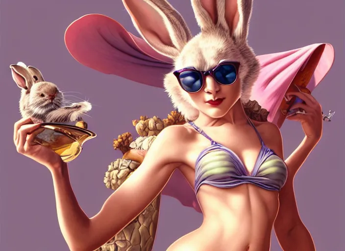 Prompt: a cool anthropomorphic rabbit wearing sunglasses wearing a bikini, diffuse lighting, fantasy, intricate, elegant, highly detailed, lifelike, pastel, digital painting, artstation, illustration, concept art, smooth, sharp focus, art by frank frazetta and marco bucci and loish and rossdraws and artgerm and alphonse mucha