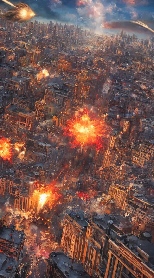 Image similar to hyperrealistic giant toy tin soldier destroying city, stunning, realistic, highly detailed attributes and atmosphere, dim volumetric cinematic lighting, 8 k octane extremely hyper - detailed render, post - processing, masterpiece, sky, art deco buildings, windows, cars, explosion, street view