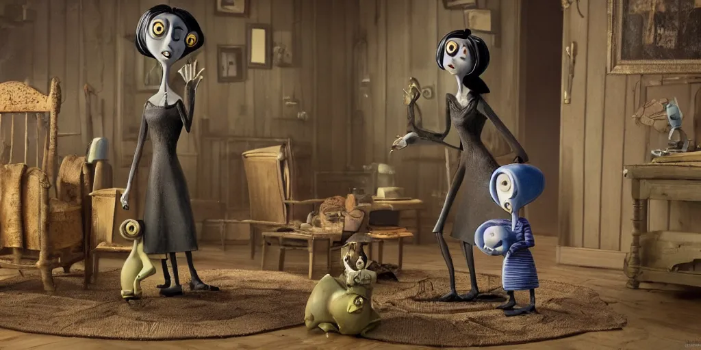 Image similar to the'other mother'from'coraline ', full body, eva longoria, pose, stop frame animation, full figured, detailed, neil gainman