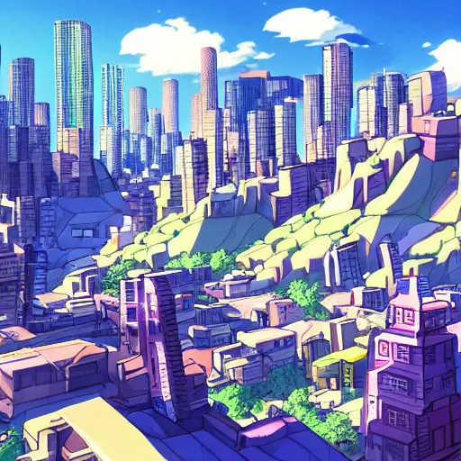 Image similar to futuristic city on a mountainside, colorful city, megacity, clouds on mountain, buildings on mountainside, cel - shading, cel - shaded, 2 0 0 1 anime, bright sunshine