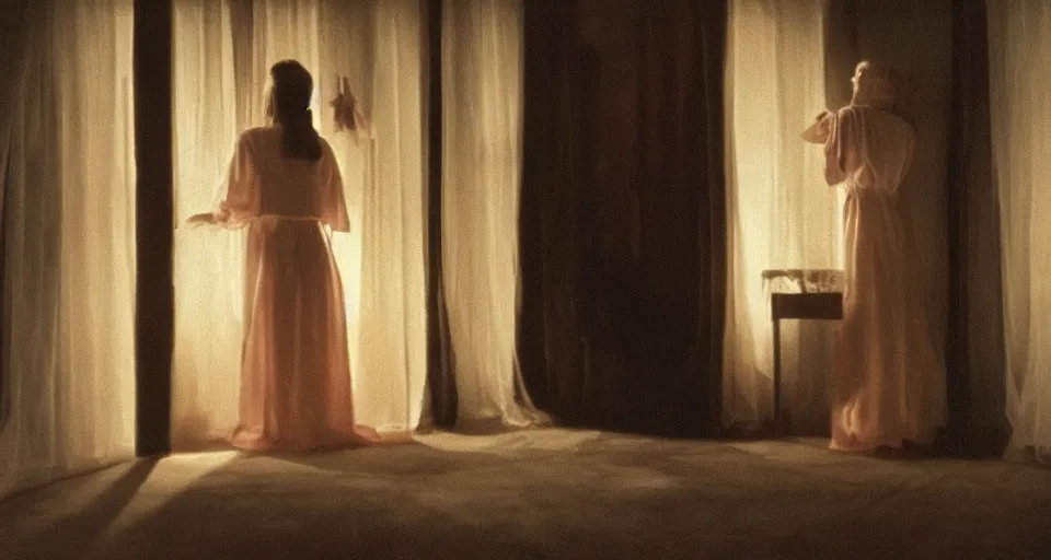 Image similar to Halloween film, cinematic color tones. Scene where a woman in white looking the window at night, focus her back