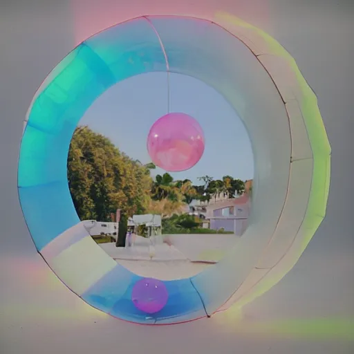 Image similar to a pastel colour high fidelity wide angle Polaroid art photo from a holiday album at a seaside with abstract inflatable parachute furniture, spheres. A sculpture named ‘self care” is the focal point, all objects made of transparent iridescent Perspex and metallic silver fabric, a grid of sun beds iridescence, nostalgic