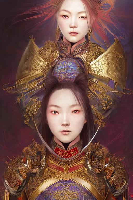 Image similar to beautiful and divine and holy and elite and colorlpunk young three kingdom chinese female armor knight portrait +shinnyy eyes+front face with light flowing hair, ultradetail face, art and illustration by tian zi and craig mullins and WLOP and alphonse mucha, fantasy, intricate complexity, human structure, human anatomy, fantasy character concept, watermark, blurry, hyperrealism 8k