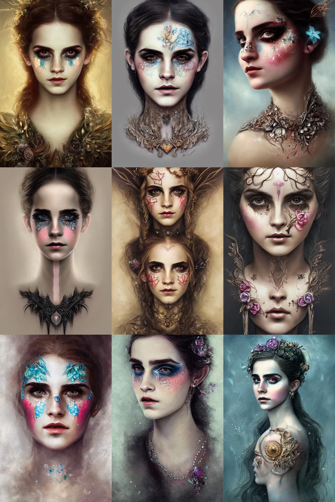 Prompt: portrait of crying fairy, symmetric, facepaint facepaint facepaint, intricate jewelry, trending on artstation 4 k, in the style of karol bak and tom bagshaw, bust with face of emma watson