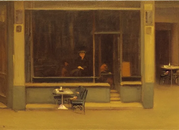 Prompt: the melancholy of sitting alone at a cafe at night in the style of Australian tonalism