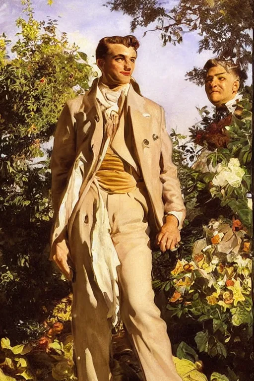 Prompt: GigaChad, golden hour, in a garden, artstation, by J. C. Leyendecker and Peter Paul Rubens,