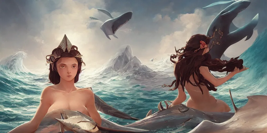 Prompt: close up of a extremely beautiful and aesthetic shark tooth girl holding a symmetrical trident on the horizon, model pose, slightly smiling, big wave, big blade whale fighting against thorn sharks flying on the background, epic scene, fantasy illustrations, by peter mohrbacher and makoto shinkai and ferdinand knab