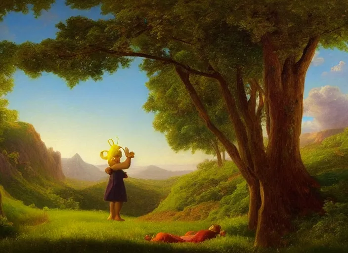 Image similar to american realist romanticism landscape painting of teletubbies in the style of hudson river school and thomas cole and albert bierstadt and robert duncanson