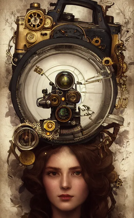 Image similar to hyper realistic male photographer looking through a vintage steampunk medium format camera, design on white background, beautiful details, lush foliage cyberpunk, gold, drawn by john singer sargent, tom bagshaw, norman rockwell, alphonso mucha, lolish, trending on artstation