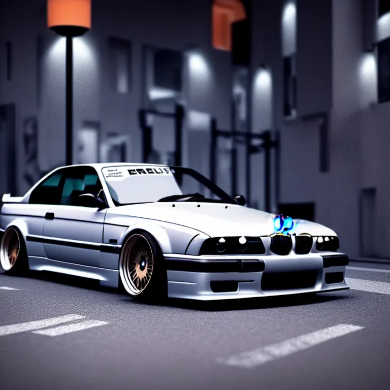 Prompt: BMW E36 Drift, detailed-wheels, Shibuya prefecture, cinematic lighting, photorealistic, night photography, octane render