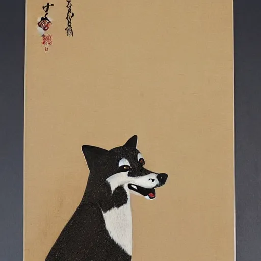 Prompt: Japanese woodblock painting of a foxhound holding a samurai sword