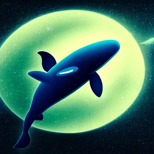 Image similar to portrait of space whale swimming on a dark night sky in space, flying across the universe, oniric, dreamy, beautiful, highly detailed, realistic, cinematic, dynamic composition