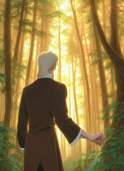 Image similar to slender young man with shoulder length shiny and sparkling golden blond hair, from behind, wearing wizard robes, lost in a forest, natural lighting, path traced, highly detailed, high quality, digital painting, by don bluth and ross tran and studio ghibli and alphonse mucha, artgerm