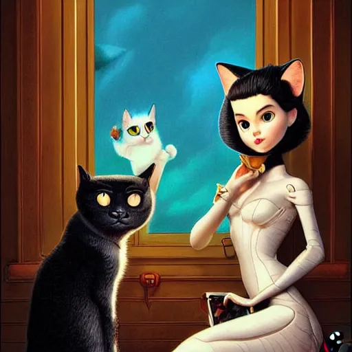Prompt: Lofi portrait with a cat, Pixar style by Joe Fenton and Stanley Artgerm and Tom Bagshaw and Tim Burton
