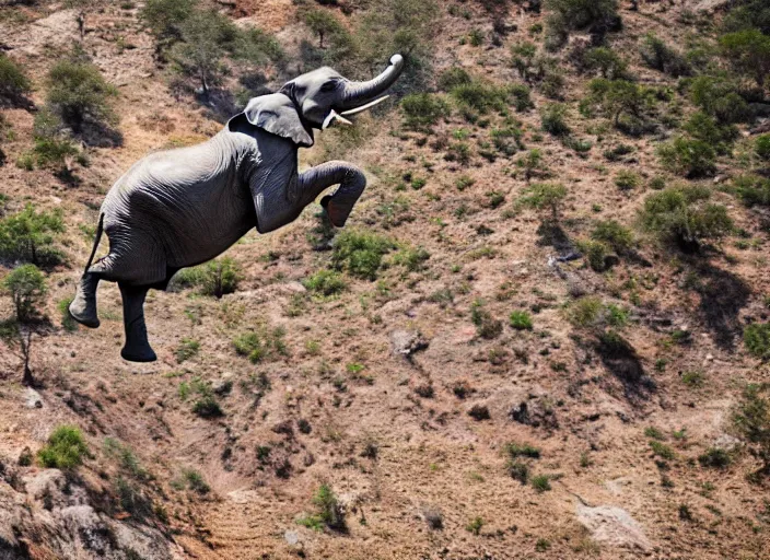 Image similar to dslr photo still of an elephant leaping off a mountain flying through the air, 4 k, 1 2 0 mm f 1 6