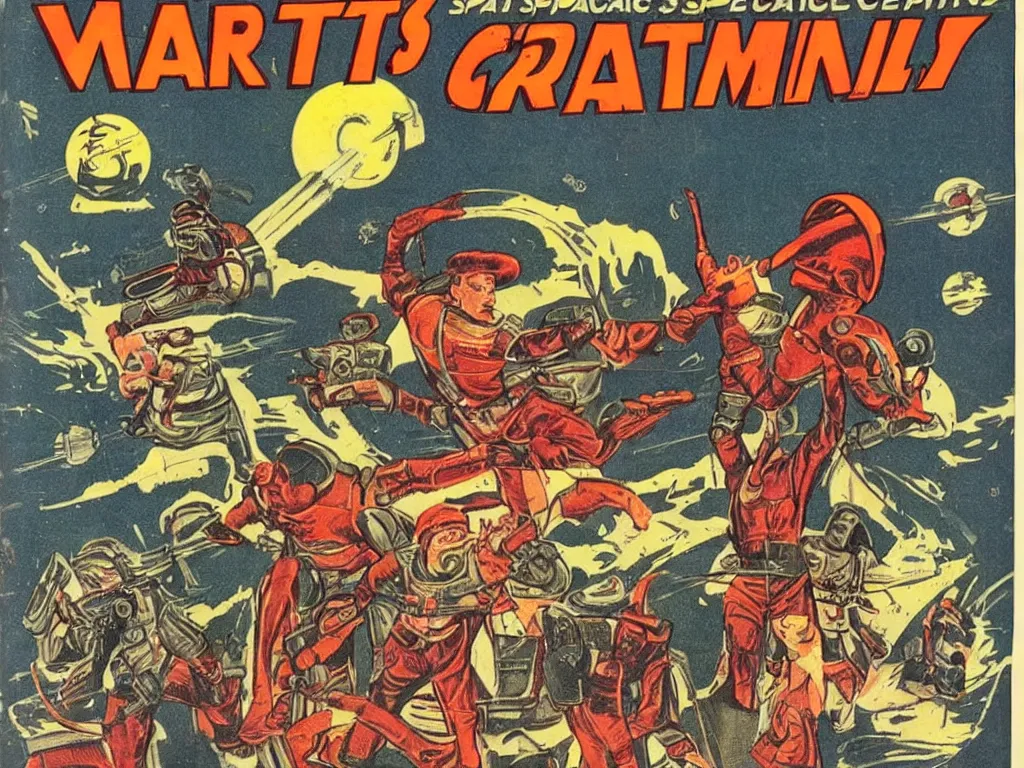 Image similar to vintage space comic martian criminals, higly detailed