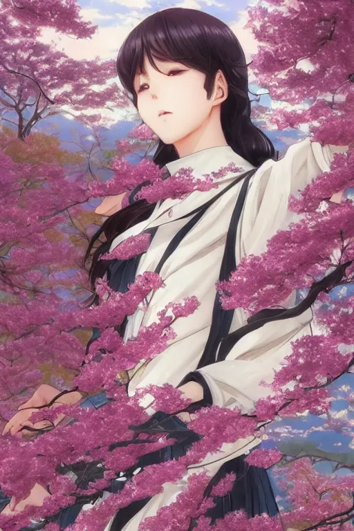 Prompt: anime cottagecore BTS k-pop band, phone wallpaper. intricate, elegant. the background is cherry blossoms !. highly detailed, digital painting, artstation, concept art, smooth, sharp, focus, illustration. . art by artgerm and greg rutkowski and alphonse mucha, in the style of japanese manga