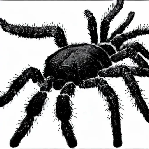 Image similar to book illustration of a tarantula with a machine gun mounted on its back. book illustration, monochromatic, white background, black and white image