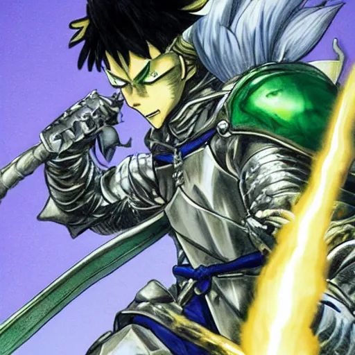 Image similar to fantasy knight behind the wheel of a green hatchback, blue armor, golden sword, dragon attacking with fire, Yusuke Murata