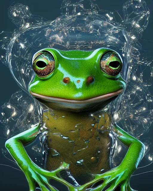 Prompt: portrait of funny giant cute eyes shattered glass frog, intricate abstract. intricate artwork, by tooth wu, wlop, beeple, dan mumford. concept art, octane render, trending on artstation, greg rutkowski very coherent symmetrical artwork. cinematic, key art, hyper realism, high detail, octane render, 8 k, iridescent accents