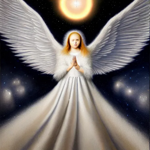 Image similar to beautiful high details hyper realistic painting of white angel in the hood coming from space with giant ball of miracle light from the chest!!!!!, 4 k hd face!!!, big fur silver holographic wings, by jan van eyck, holography space, white sparkles everywhere, thin strokes, high textures, silver background