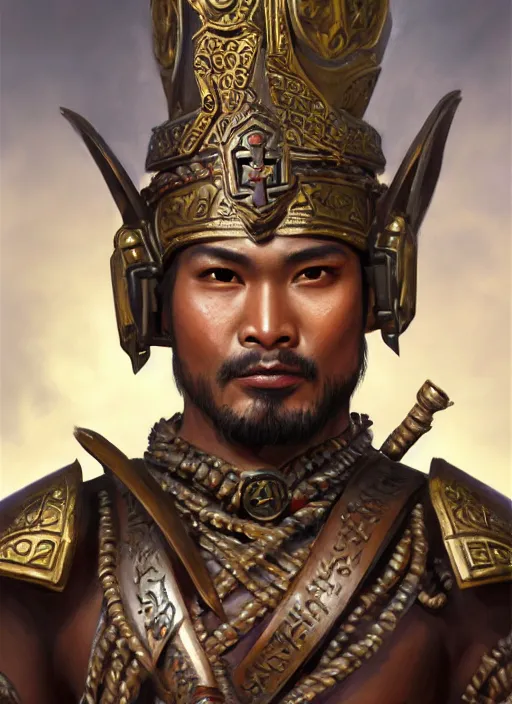 Image similar to smart tai warlord, closeup portrait, historical hero, ethnic group, sukhothai costume, bronze headset, intricate, with leather armor cross on bare chest, tai body tattoo, elegant, loin cloth, highly detailed, oil painting, artstation, concept art, matte, sharp focus, illustration, hearthstone, art by earl norem