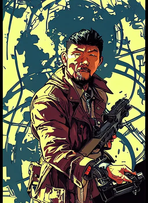 Image similar to hector tanaka. cyberpunk mercenary with scenic background. portrait illustration, pop art, art by ashley wood, alphonse mucha, laurie greasley and josan gonzalez. cinematic. beautiful lighting. realistic proportions. creative