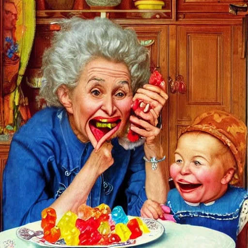 Image similar to hyper realistic hight detailed grandmother with a big mouth eating gummi bears on the table in the russian kitchen, by norman rockwell, bright colors, 4 k, 1 6 k, 3 2 k, photorealistic, cartoon style