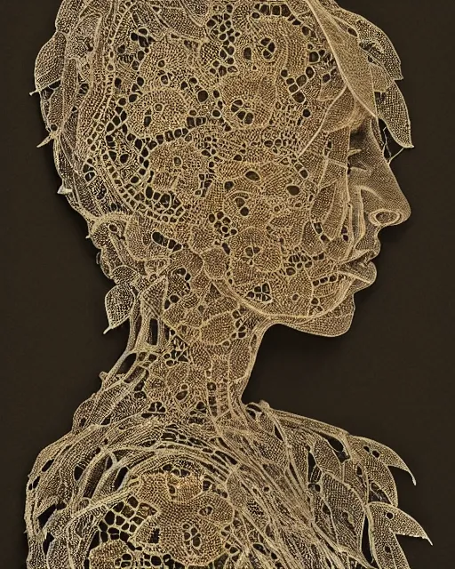 Image similar to a woman's face in profile, made of intricate decorative lace leaf skeleton, in the style of the dutch masters and gregory crewdson, dark and moody